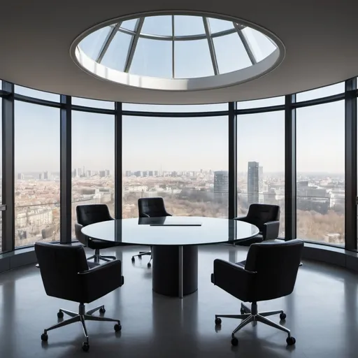 Prompt: a glass office with a circular desk and chairs in it's center area with a view of the city, Enguerrand Quarton, light and space, open ceiling, a stock photo