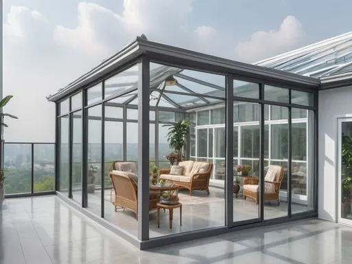 Prompt: Professional photos of see-through 
Sunroom , and sunny long lens office decoration, perfect perspective, highly detailed, wide-angle lens, surreal, light luxury decoration style, gray floor, white ceiling, polarized filters, natural light, bright colors, everything is clearly focused, HDR, UHD, 64K