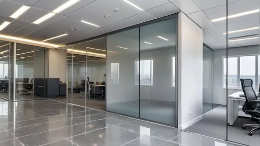 Prompt: Professional photos of see-through  Grey glass partition wall, and sunny long lens office decoration, perfect perspective, highly detailed, wide-angle lens, surreal, light luxury decoration style, gray floor, white ceiling, polarized filters, natural light, bright colors, everything is clearly focused, HDR, UHD, 64K