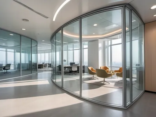 Prompt: Professional photos of see-through Curved double glass Partition wall, and sunny long lens office decoration, perfect perspective, highly detailed, wide-angle lens, surreal, light luxury decoration style, gray floor, white ceiling, polarized filters, natural light, bright colors, everything is clearly focused, HDR, UHD, 64K