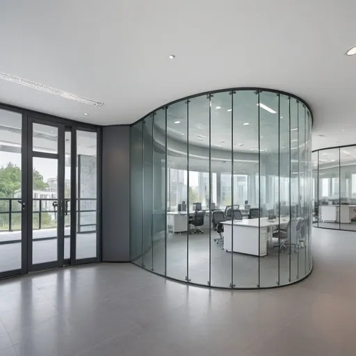 Prompt: Professional photos of see-through Curved glass Partition wall,  everything is clearly focused, HDR, UHD, 64K