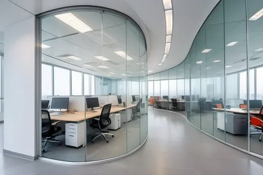 Prompt: Professional photos of see-through Curved glass Partition wall, and sunny long lens office decoration, perfect perspective, highly detailed, wide-angle lens, surreal, light luxury decoration style, gray floor, white ceiling, polarized filters, natural light, bright colors, everything is clearly focused, HDR, UHD, 64K