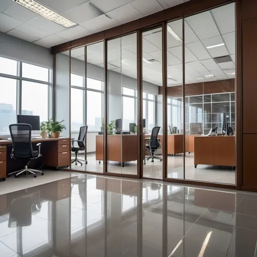 Prompt: Professional photos of brown glass Partition wall, and sunny long lens office decoration, perfect perspective, highly detailed, wide-angle lens, surreal, light luxury decoration style, gray floor, white ceiling, polarized filters, natural light, bright colors, everything is clearly focused, HDR, UHD, 64K