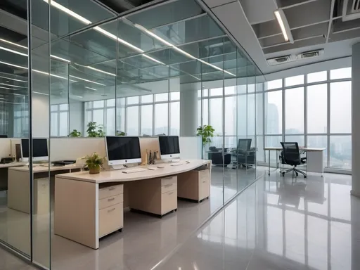 Prompt: Professional photos of see-through Curved glass Partition wall, and sunny long lens office decoration, perfect perspective, highly detailed, wide-angle lens, surreal, light luxury decoration style, gray floor, white ceiling, polarized filters, natural light, bright colors, everything is clearly focused, HDR, UHD, 64K