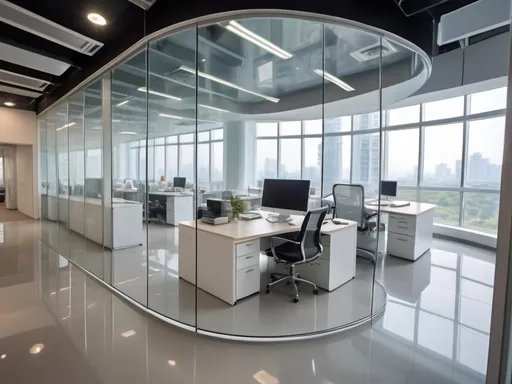 Prompt: Professional photos of see-through Curved glass Partition wall, and sunny long lens office decoration, perfect perspective, highly detailed, wide-angle lens, surreal, light luxury decoration style, gray floor, white ceiling, polarized filters, natural light, bright colors, everything is clearly focused, HDR, UHD, 64K