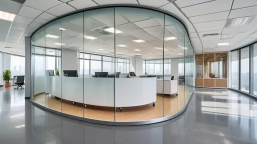 Prompt: Professional photos of see-through Curved glass Partition wall, and sunny long lens office decoration, perfect perspective, highly detailed, wide-angle lens, surreal, light luxury decoration style, gray floor, white ceiling, polarized filters, natural light, bright colors, everything is clearly focused, HDR, UHD, 64K