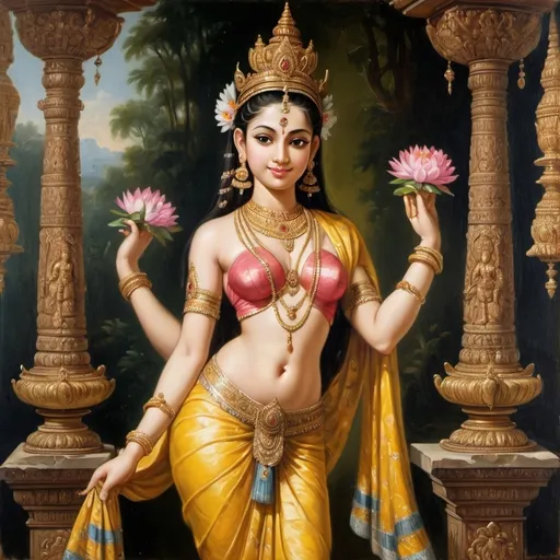 Prompt: Oil painting of a beautiful apsara with slender waists, large gluteals, and well-developed busts, pretty with a smiling countenance, adorned with all ornaments and draped in silk garments, standing erect (sama-bhanga) on bhadra-pithas (special pedestals).