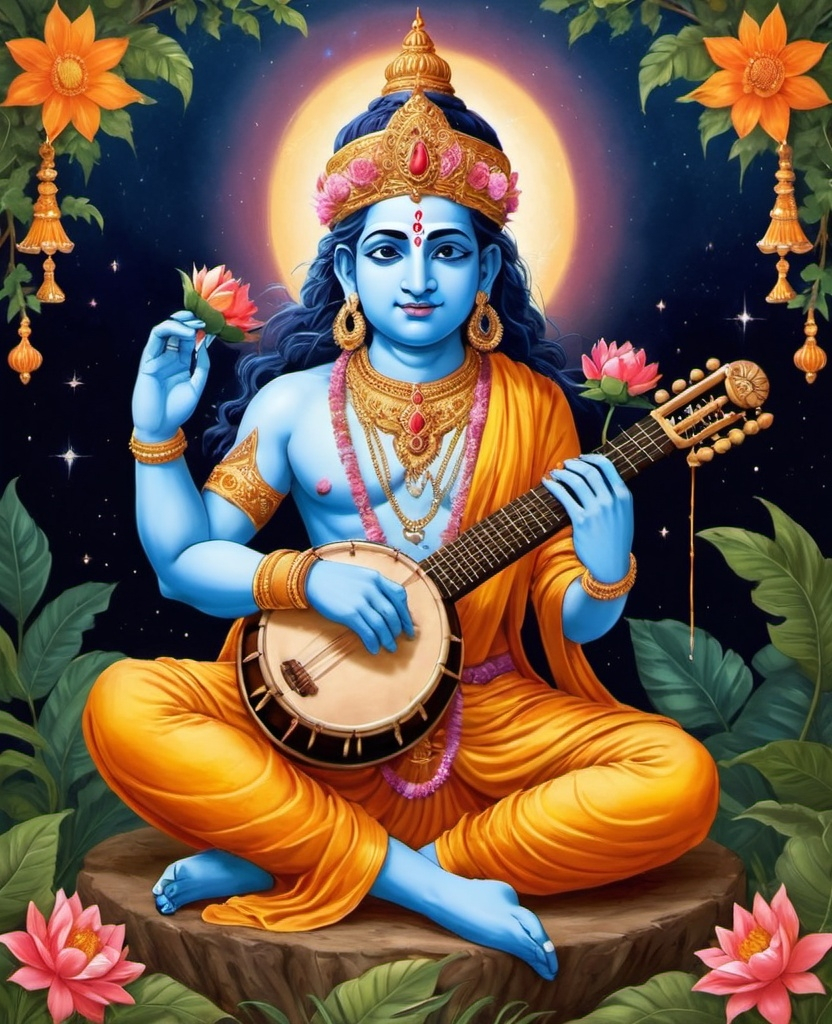 Prompt: Create an image of Gandharvas, the celestial musicians from Hindu mythology. They should appear strikingly handsome and eternally youthful, adorned with elaborate and beautiful ornaments such as flower garlands, jeweled crowns, and other celestial adornments. Include musical instruments like the veena, flute, or drums to highlight their role as musicians of the gods. Their clothing should be rich and luxurious, made of fine silk that flows gracefully around them. Illustrate them with a radiant, glowing complexion and ethereal features to reflect their divine origin. The background should be a serene and beautiful natural setting, such as a lush garden or a mystical forest, to emphasize their connection with beauty, art, and nature.