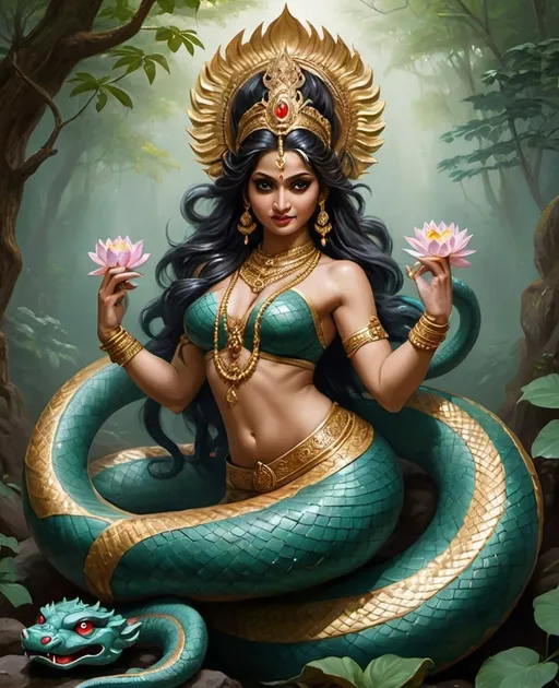 Prompt: Create a realistic oil painting of Nagas and Naginis, the serpent deities from Hindu, Buddhist, and Jain traditions. Depict them as majestic and semi-divine beings with a combination of human and serpent features. They should have the upper body of a human and the lower body of a serpent, with scales, coils, and a serpentine tail. Their human features should be beautiful and regal, with an aura of mystery and power.Adorn them with traditional ornaments such as jeweled crowns, necklaces, and armlets, made of gold and precious stones, symbolizing their divine status. Their attire should be elegant and flowing, made of rich fabrics that complement their serpentine form.The Nagas and Naginis should have a mystical and enchanting presence, with glowing eyes and a subtle divine aura. The background should be an otherworldly and serene natural setting, such as an underwater palace, a lush forest with hidden caves, or a mystical riverbank. Incorporate elements like lotus flowers, waterfalls, and sacred trees to enhance the divine and serene atmosphere.Include subtle details like the sheen of their scales, the intricate patterns on their bodies, and the flowing grace of their movements to capture their ethereal and powerful nature.
