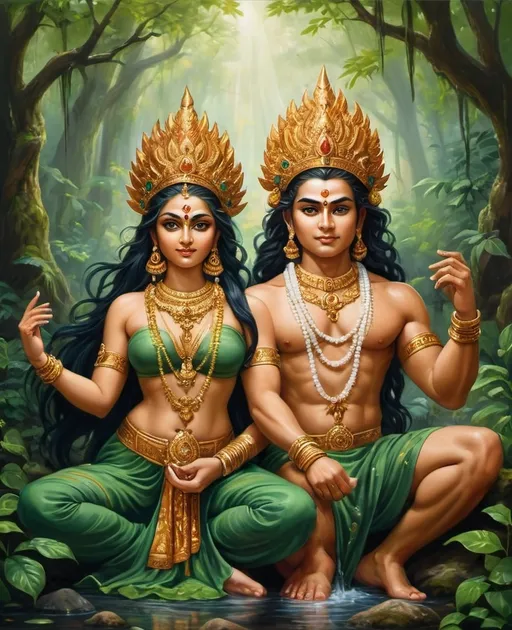 Prompt: Create a realistic oil painting of Yakshas, the nature spirits from Hindu, Buddhist, and Jain traditions. Depict them as powerful and benevolent beings with a connection to nature and wealth. They should have a strong and robust physique, exuding an aura of strength and vitality. Adorn them with rich ornaments, including gold jewelry and gemstones, symbolizing their association with wealth and prosperity. Their attire should be traditional and opulent, made of luxurious fabrics that reflect their status as guardians of treasures.Incorporate elements of nature in their appearance, such as leafy crowns, vines, or bark-like textures on their skin, to emphasize their bond with the natural world. The background should be a lush, verdant forest or a mystical garden filled with trees, plants, and flowing streams, highlighting their role as protectors of nature. Add a touch of divine glow or aura around them to signify their supernatural essence.