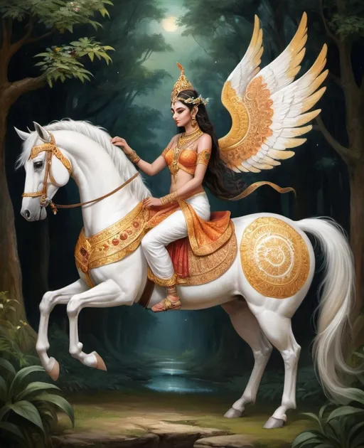 Prompt: Create an Oil painting of Kinnaras, the mythical beings from Hindu and Buddhist mythology. Depict them as part-human and part-horse or part-bird, combining graceful human features with the elegant and powerful aspects of animals.For a part-horse Kinnara, illustrate them with the upper body of a human and the lower body of a horse, similar to a centaur but more refined and ethereal. Their human features should be beautiful and celestial, with flowing hair and an aura of divine radiance. Adorn them with traditional ornaments like jeweled crowns, necklaces, and armlets, symbolizing their celestial status. Their attire should be elegant and flowing, complementing their majestic form.For a part-bird Kinnara, depict them with the upper body of a human and the wings and tail of a bird. Their wings should be large and feathered, with intricate patterns and vibrant colors. Adorn them with similar ornaments and attire, emphasizing their divine and artistic nature.In both versions, include musical instruments such as lutes, flutes, or lyres, highlighting their role as celestial musicians. The background should be a serene and otherworldly setting, such as a heavenly garden, a lush forest glade, or a celestial palace. Incorporate elements like blooming flowers, gentle streams, and soft sunlight to enhance the ethereal and harmonious atmosphere.Ensure their presence exudes an aura of beauty, grace, and divine artistry, capturing the essence of Kinnaras as celestial musicians and mythical beings.