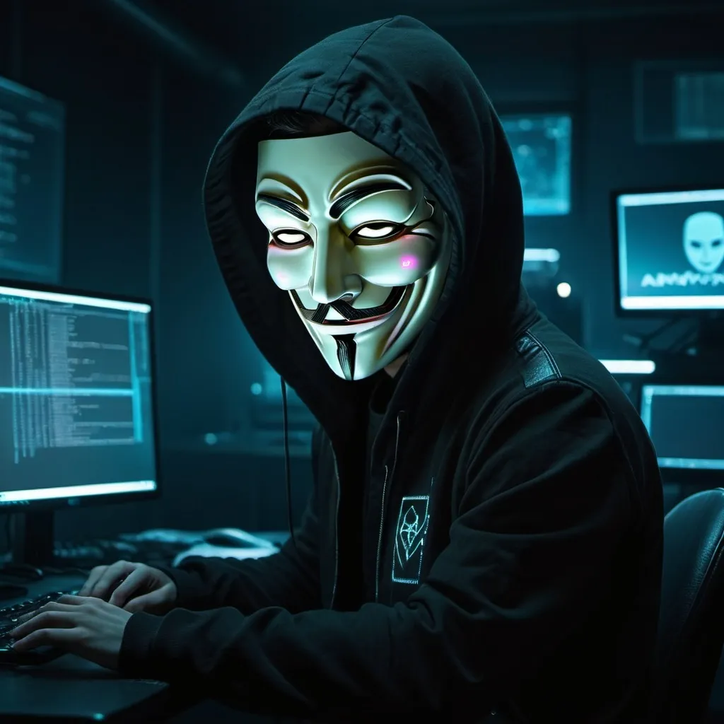 Prompt: Hacker in a dimly lit room, coding, anonymous mask, clear details, high definition, digital art, cyberpunk, dark environment, professional lighting, atmospheric, detailed coding setup, intense gaze, futuristic technology, cool tones, cyberpunk aesthetic, advanced computer setup