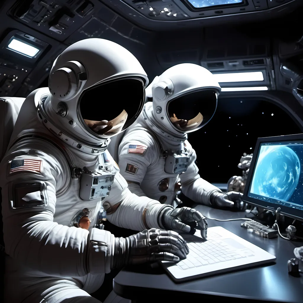 Prompt: Astronaut and spaceman programming in a UFO, dark but clear space, high-tech equipment, futuristic design, detailed space suits, cosmic scene, space programming, ultra-HD, sci-fi, futuristic, space exploration, high-tech, atmospheric lighting, clear space, detailed astronaut suits, professional, cosmic atmosphere