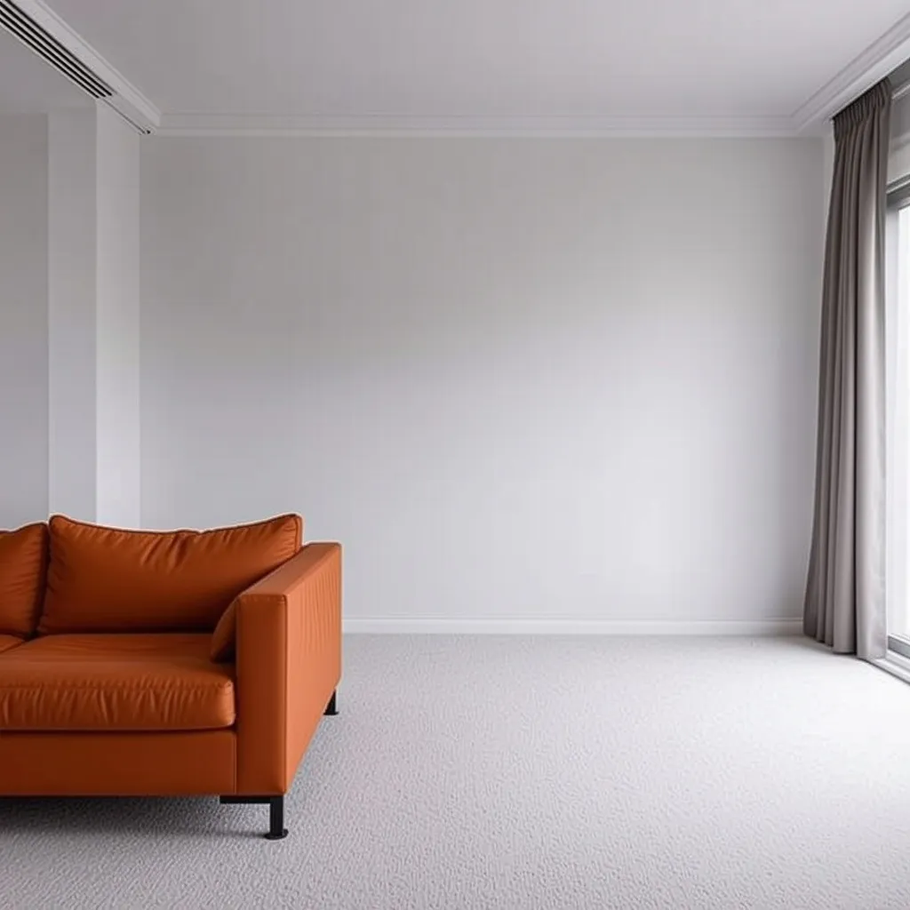 Prompt: empty room white walls color carpet fresh orange sofa
