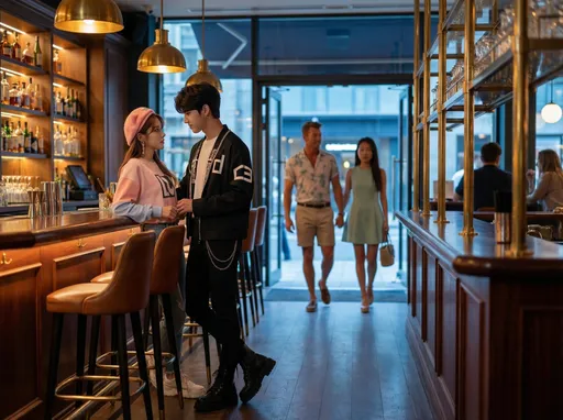 Prompt: @OJyIyx8Uo9k3QNUWGX7w @YzI7ZKHtQAHJ0ZHPheML are in a classy modern slightly dark bar standing talking to each other. @DsJqsdKcwekG6b3KDXgC and @7LrecvB1cdBzR8VjQXdq walk in together