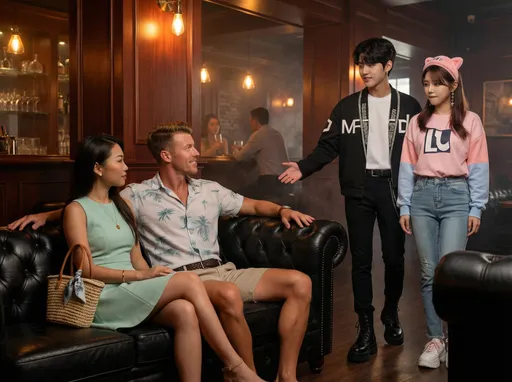 Prompt: @DsJqsdKcwekG6b3KDXgC and  @7LrecvB1cdBzR8VjQXdq are sitting on a black leather lounge in a classy dark bar when @YzI7ZKHtQAHJ0ZHPheML and @OJyIyx8Uo9k3QNUWGX7w walk up and introduce themselves @OJyIyx8Uo9k3QNUWGX7w  is looking at @DsJqsdKcwekG6b3KDXgC biting her bottom lip 