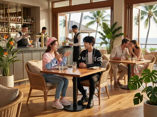 Prompt: @OJyIyx8Uo9k3QNUWGX7w and @YzI7ZKHtQAHJ0ZHPheML are sitting at a resort restaurant table talking with timber floor and bar with waiters. There is another couple sitting at a table close who notice them 