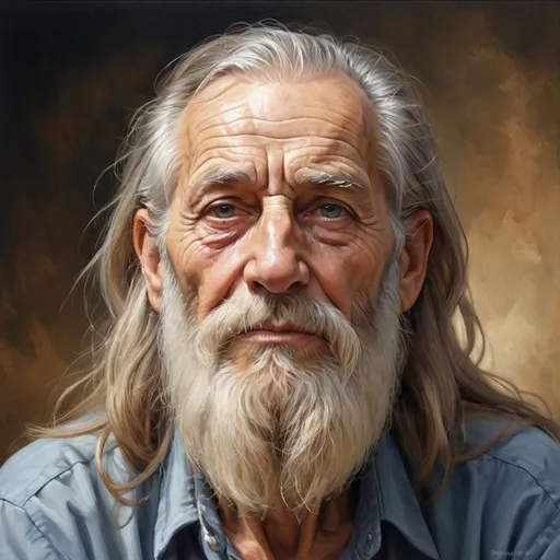 Prompt: Detailed illustration of an elderly man with long beard and hair, realistic oil painting, serene and wise expression, intricate wrinkles, high quality, realistic, old age, long beard, long hair, serene expression, wise, realistic oil painting, detailed wrinkles, professional, atmospheric lighting