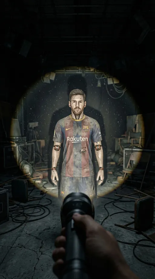 Prompt: Ultra-realistic, photorealistic 9:16 vertical cinematic image, first-person POV where the viewer is holding a flashlight, casting a single circular beam while everything outside the beam fades into total darkness. The beam reveals a completely lifeless animatronic replica of Lionel Messi, using the exact reference image—identical face, skin tone, hair, proportions, materials, no redesign or stylization. The animatronic stands motionless on an abandoned football-stadium movie set, with cracked synthetic skin, visible seam lines, dust buildup, grime, and subtle rust at the joints. His jersey is faded, stiff, torn, and stained from age. The environment shows dusty floors, tangled cables, broken light rigs, old cameras, and faded set pieces. Dust particles float in the flashlight beam. Cinematic low-angle vertical composition, dramatic shadows, shallow depth of field, eerie abandoned atmosphere, ultra-detailed realism