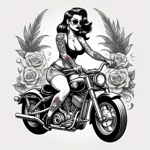 Prompt: Hand drawn tattooed Gangster women on a motorcycle 
