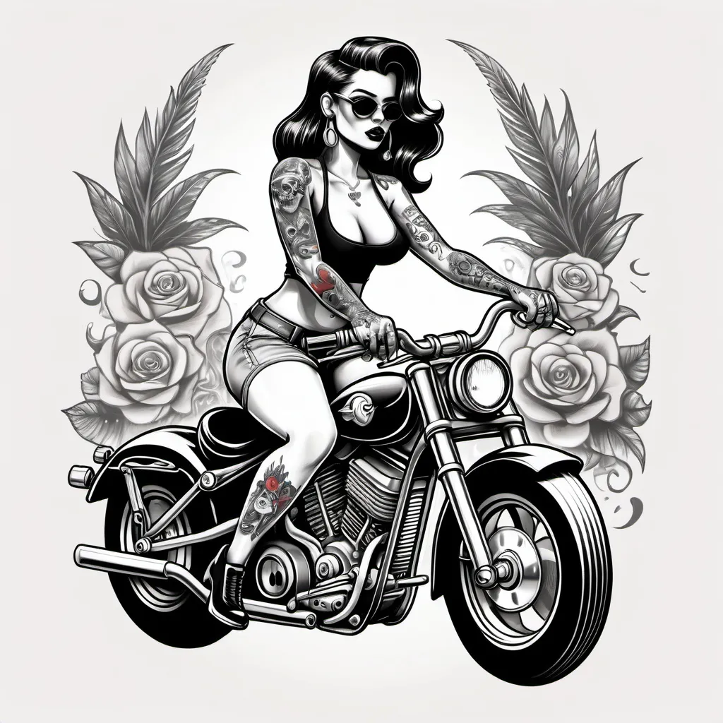 Prompt: Hand drawn tattooed Gangster women on a motorcycle 
