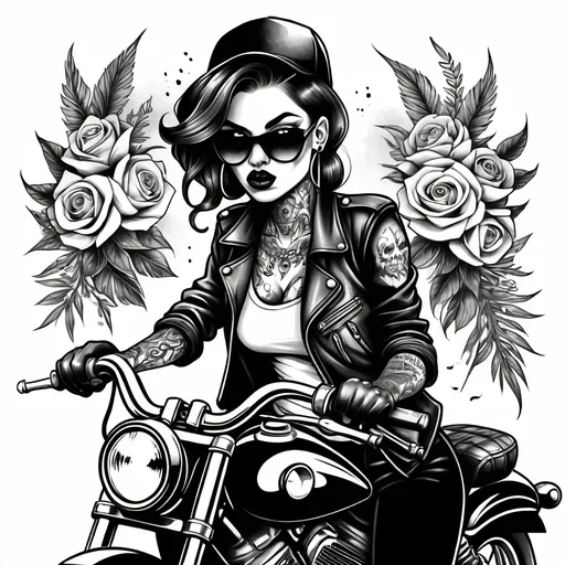 Prompt: Hand drawn tattooed Gangster women on a motorcycle 
