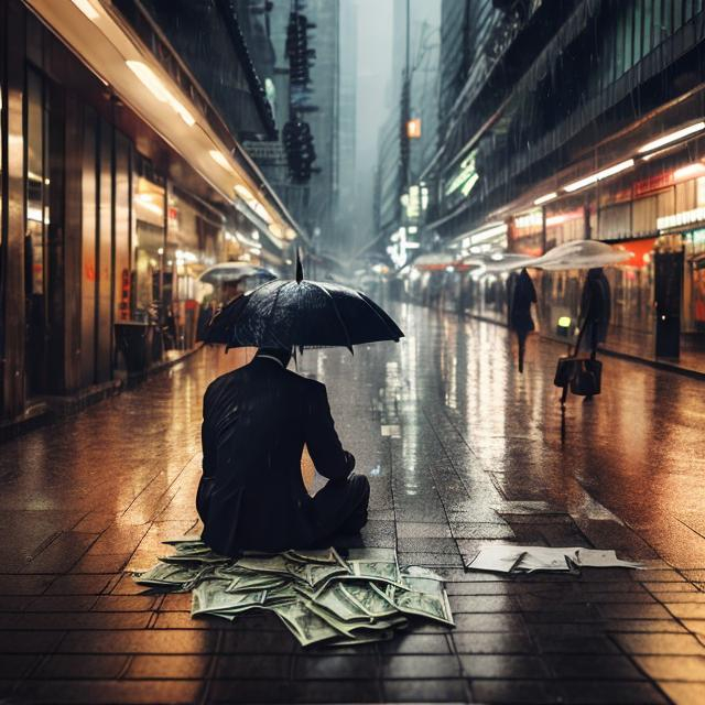 Prompt: Man with umbrella sheltering from raining money, busy city

