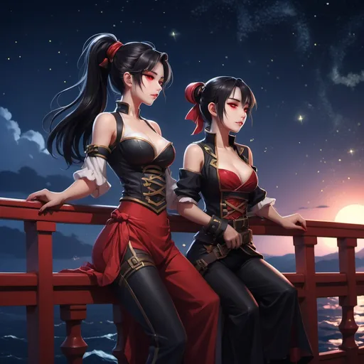 Prompt: A romantic scene featuring Beidou and Ningguang under a starry sky on the deck of a ship. Beidou, with her long, dark hair tied in a ponytail and striking red eyes, leans casually against the ship’s railing, her muscular yet feminine figure adorned in a black and red outfit, showcasing her pirate aesthetic. Ningguang stands beside her, elegantly poised, with her long, white hair styled in a sophisticated chignon and golden eyes glimmering in the moonlight. She wears a luxurious white and gold dress that flows gracefully around her. Their hands almost touch, conveying a sense of intimacy and warmth, as the ocean waves gently lap against the hull, and lanterns illuminate the scene, creating a magical, serene atmosphere.