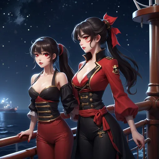 Prompt: A romantic scene featuring Beidou and Ningguang under a starry sky on the deck of a ship. Beidou, with her long, dark hair tied in a ponytail and striking red eyes, leans casually against the ship’s railing, her muscular yet feminine figure adorned in a black and red outfit, showcasing her pirate aesthetic. Ningguang stands beside her, elegantly poised, with her long, white hair styled in a sophisticated chignon and golden eyes glimmering in the moonlight. She wears a luxurious white and gold dress that flows gracefully around her. Their hands almost touch, conveying a sense of intimacy and warmth, as the ocean waves gently lap against the hull, and lanterns illuminate the scene, creating a magical, serene atmosphere.