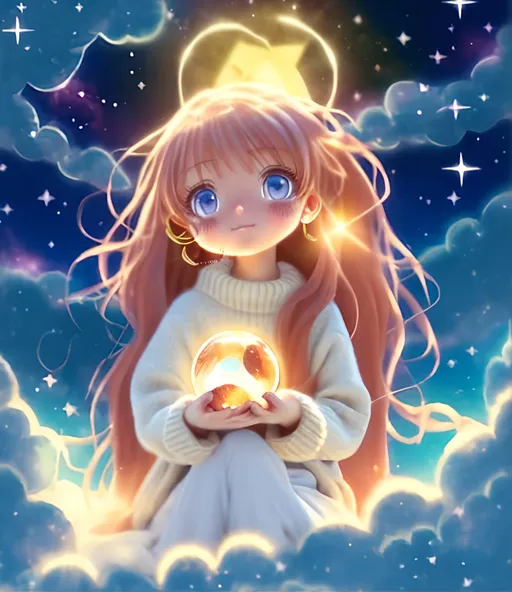 Prompt: anime girl-long caramel hair-pink sweater-bubbly-holy magic-sitting on fluffy cloud in sky-sparkly blue eyes-galaxy staff-tiny angel wings-halo-crystal earrings-star bracelet
