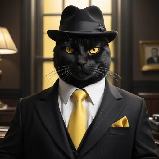 Prompt:  black cat with yellow eyes dressed as a mobster from the New York mafia wearing a black suit acting like Tony soprano 