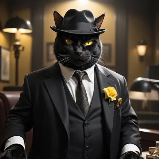Prompt:  black cat with yellow eyes dressed as a mobster from the New York mafia wearing a black suit acting like Tony soprano 