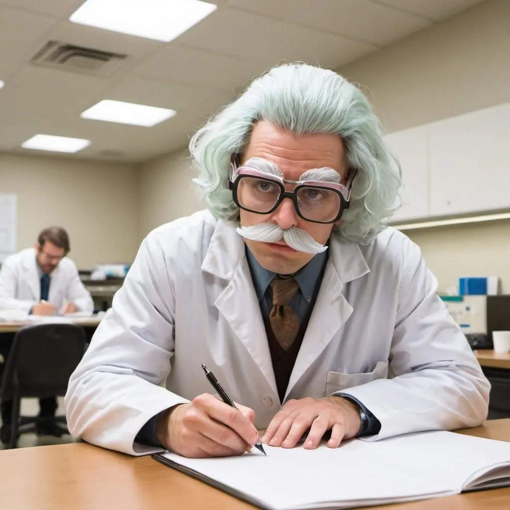 Prompt: A scientist writing a paper wearing an obvious disguise.
