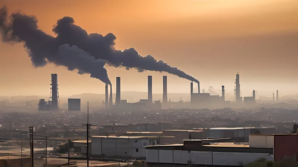 Prompt: Ciudad contaminada y ruidosa, paisaje urbano distópico, horizonte cubierto de smog, edificios en ruinas, tráfico pesado y congestión, estética arenosa e industrial, iluminación tenue y dura, atmósfera apocalíptica, aire contaminado, decadencia urbana, páramo industrial, calles caóticas y abarrotadas, de baja calidad, arenosa, industrial, contaminada, distópica, abarrotada, tenue iluminación, atmósfera apocalíptica