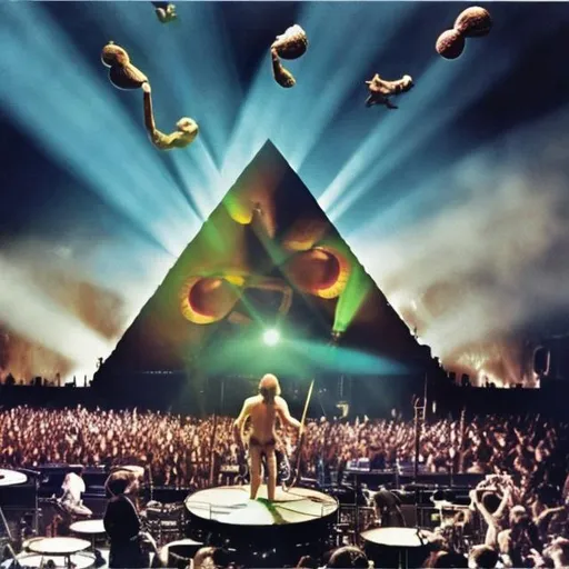 Prompt: pink floyd concert but the people are monkeys and there on mushrooms 
