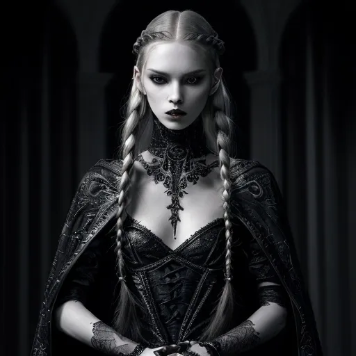 Prompt: (ads-fashion editorial style), portrait of a girl, (pale skin), (silver long hair), intricate braids, dressed in a (open black dress), dramatic pose, dark color scheme, moody ambiance, high contrast lighting, emphasis on elegance, rich textures, fashion-forward expression, captivating and mysterious atmosphere, (ultra-detailed), strikingly composed.