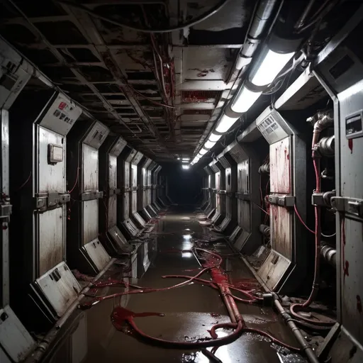 Prompt: Maintenance Shafts on the abandoned space station,
 Narrow, claustrophobic tunnels crisscross the station, filled with exposed wiring and leaking pipes. Shadows play tricks on the eyes, and the distant sound of metal scraping against metal can be heard. In one corner, a trail of blood leads deeper into the darkness.