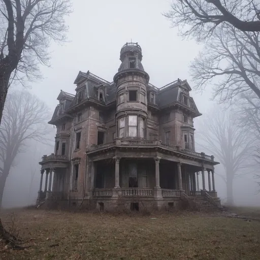 Prompt: An abandoned old mansion with flowing fog