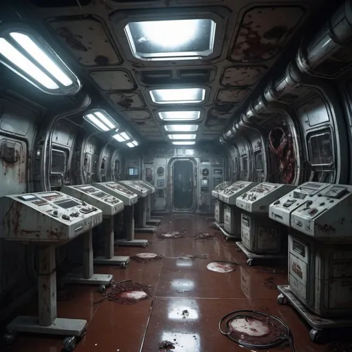 Prompt: Abandoned space station medical bay, rows of stasis pods, broken and fogged up pods, decomposed bodies with expressions of sheer terror, scattered medical instruments with dried blood, detailed decay and rust, horror, sci-fi, eerie lighting, murky atmosphere, highres, detailed, sci-fi, horror, abandoned, eerie lighting, decay and rust, foggy stasis pods, medical instruments