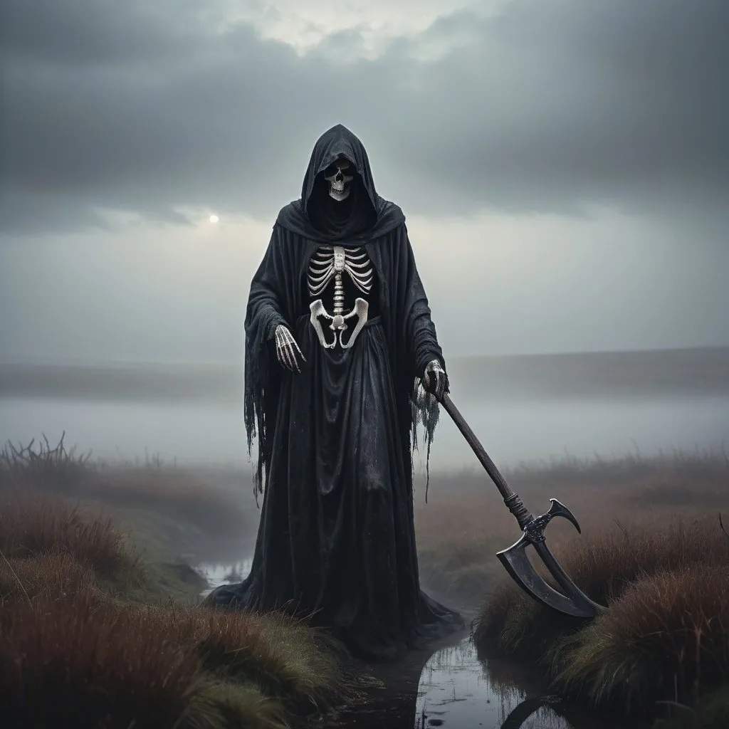 Prompt: The Grim Reaper shrouded in mist on an isolated moor, detailed scythe, eerie atmosphere, highres, misty, haunting, detailed robes, desolate setting, dark and gloomy, mysterious, atmospheric lighting