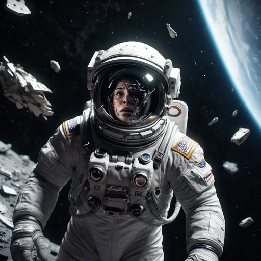 Prompt: Horrified astronaut, broken spaceship floating in space, distant stars, realistic 3D rendering, dark and eerie atmosphere, intense lighting, high quality, detailed astronaut suit, shattered debris, space, astronaut, intense lighting, realistic, broken spaceship, eerie atmosphere