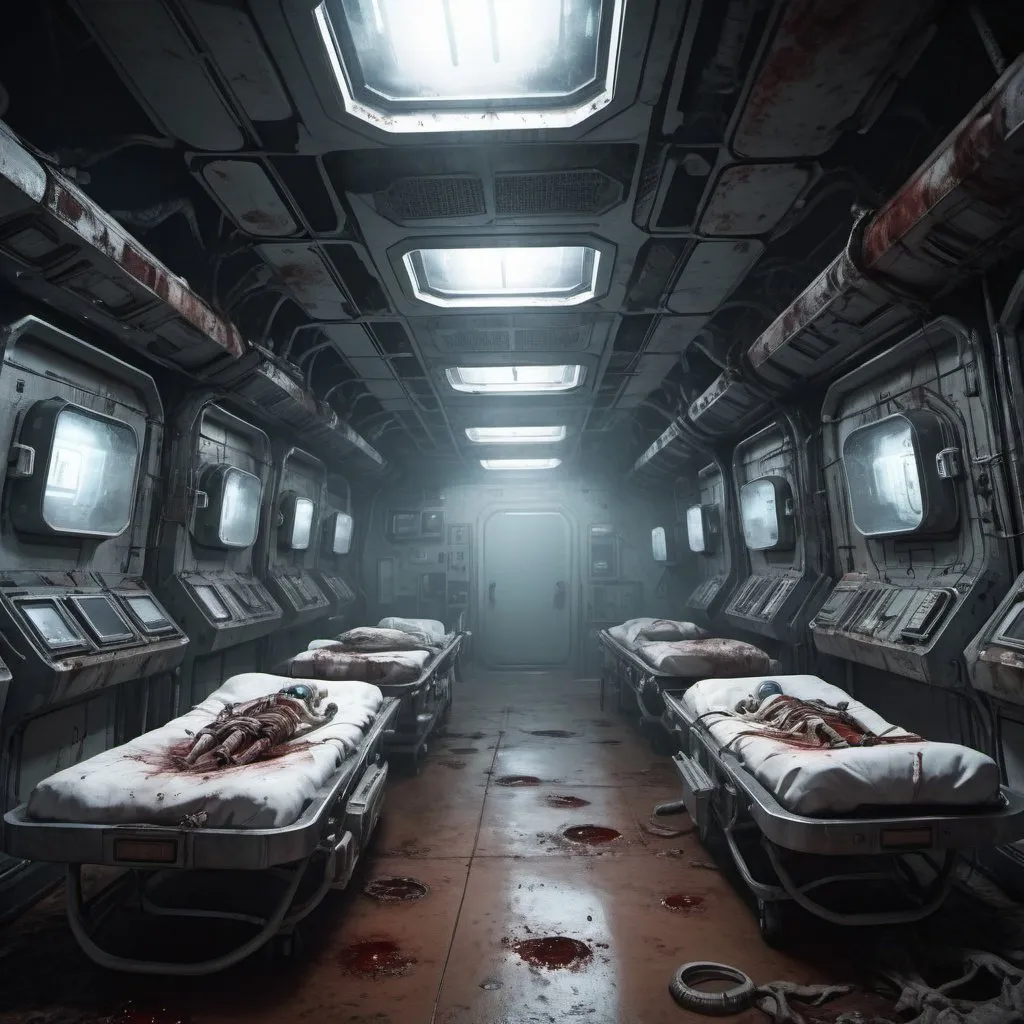 Prompt: Abandoned space station medical bay, rows of stasis pods, broken and fogged pods, decomposed bodies with terrified expressions, scattered medical instruments, dried blood traces, eerie sci-fi, abandoned setting, highres, ultra-detailed, horror, atmospheric lighting, eerie fog, detailed expressions, desolate atmosphere, rusty metal, haunting scene