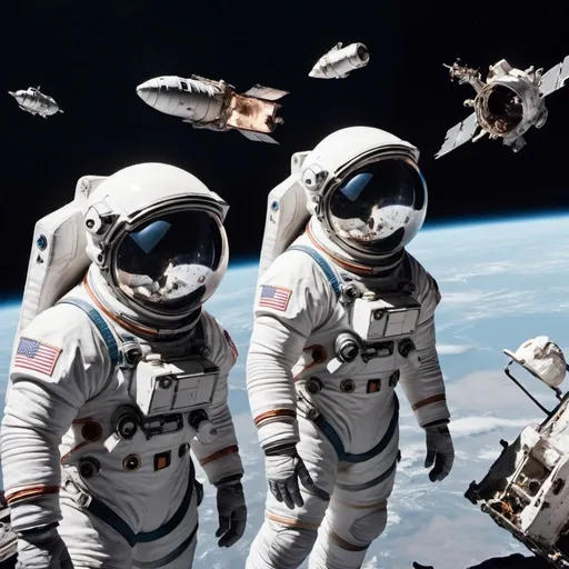Prompt: A horrified astronauts last look at they're broken up space ship floating away in space
