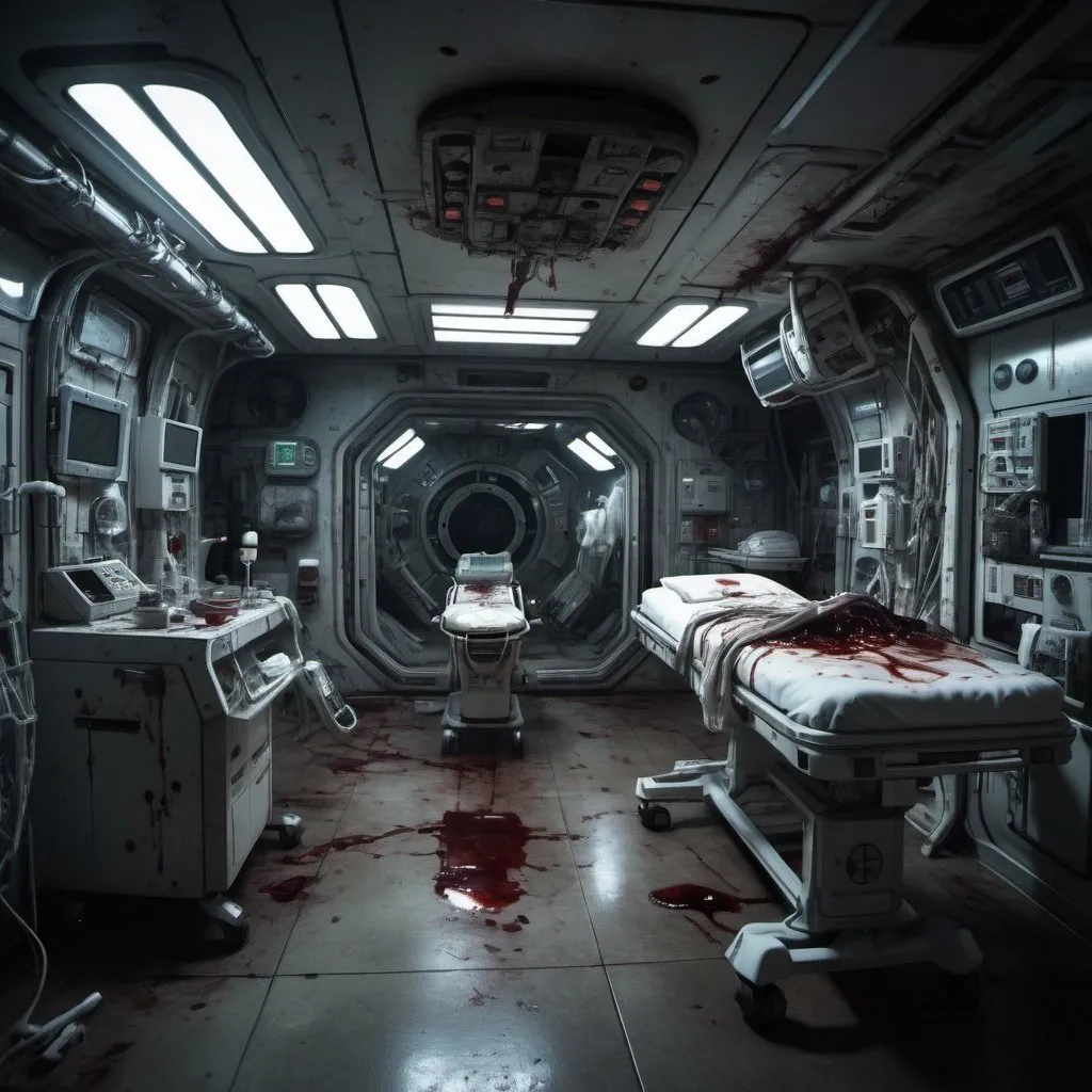 Prompt: Terrifying scene of abandoned space station's medical bay, stasis pods with corpses, terrified expressions, blood-stained medical instruments, dark and eerie atmosphere, high quality, detailed horror, abandoned space station, terrifying expressions, blood-stained, medical instruments, eerie atmosphere, stasis pods, highres, detailed, dark lighting