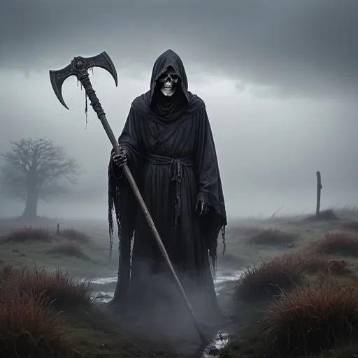 Prompt: The Grim Reaper shrouded in mist on an isolated moor, detailed scythe, eerie atmosphere, highres, misty, haunting, detailed robes, desolate setting, dark and gloomy, mysterious, atmospheric lighting
