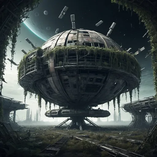 Prompt: Massive abandoned space station orbiting dead planet, highres, ultra-detailed, sci-fi, abandoned, desolate, futuristic, rusty metal, eerie atmosphere, haunting, overgrown with vines, decaying structure, dark and ominous, dramatic lighting, cool tones, space debris, post-apocalyptic, sci-fi illustration