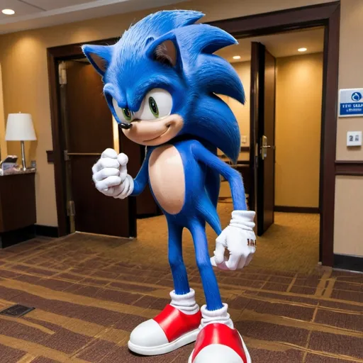 Prompt: Sonic the Hedgehog checking in to a hotel.