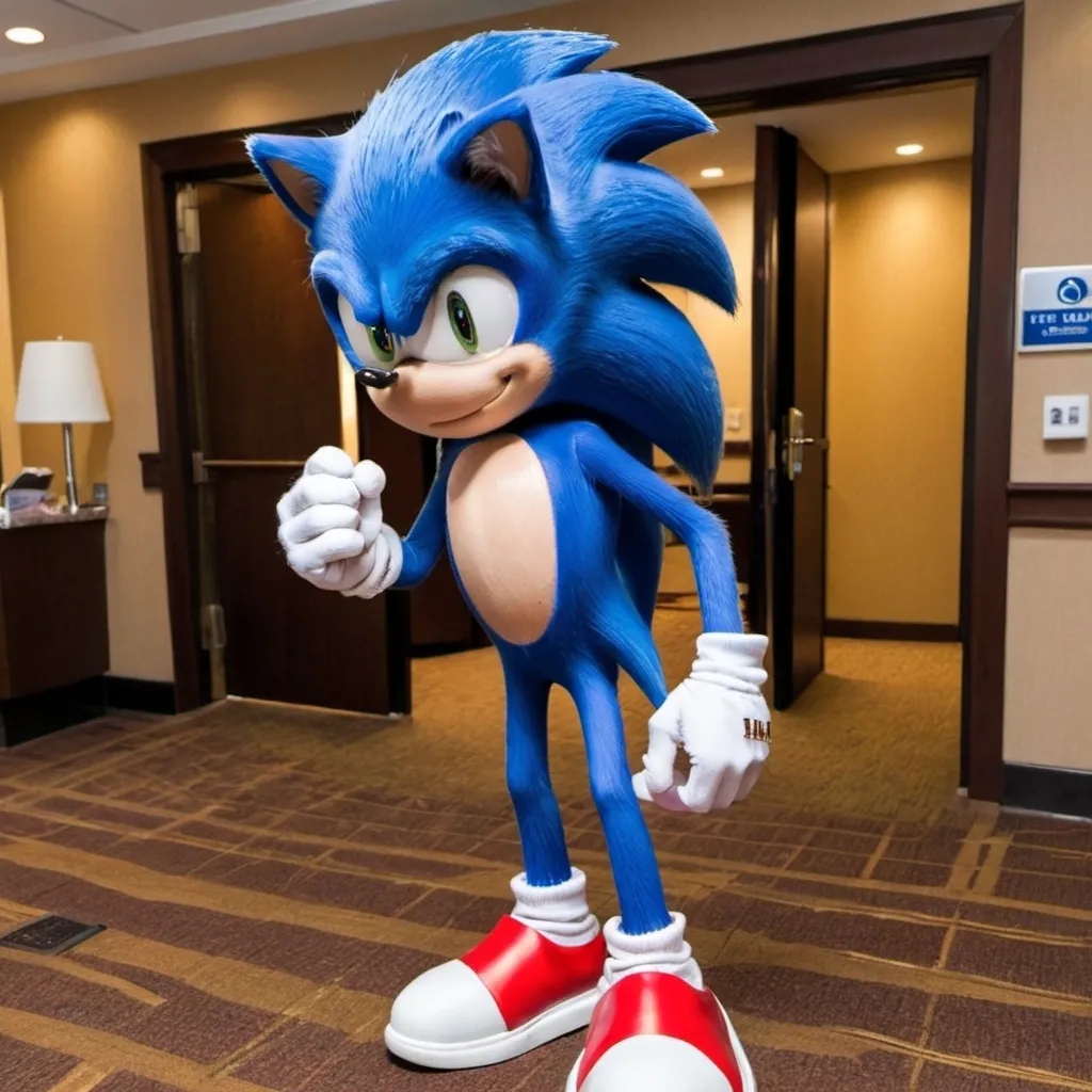 Prompt: Sonic the Hedgehog checking in to a hotel.