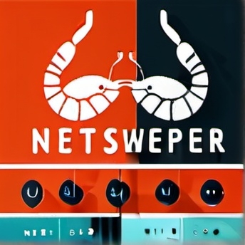 Prompt: (accurately spelled text "NetSweeper"), logo design, (playful shrimp theme), vibrant color palette, aquatic elements, modern typography, clean and crisp layout, minimalistic style, professional look, eye-catching and dynamic composition, fresh seafood industry inspiration, enticing and memorable, high attention to detail, HD quality graphic design, suitable for marketing and branding.