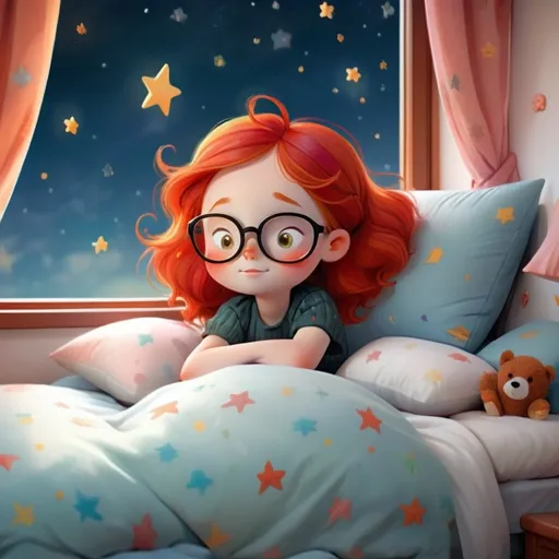 Prompt: a girl with bright red hair. in her bed looking out the window to a stary sky. dream land whimsical. glasses
